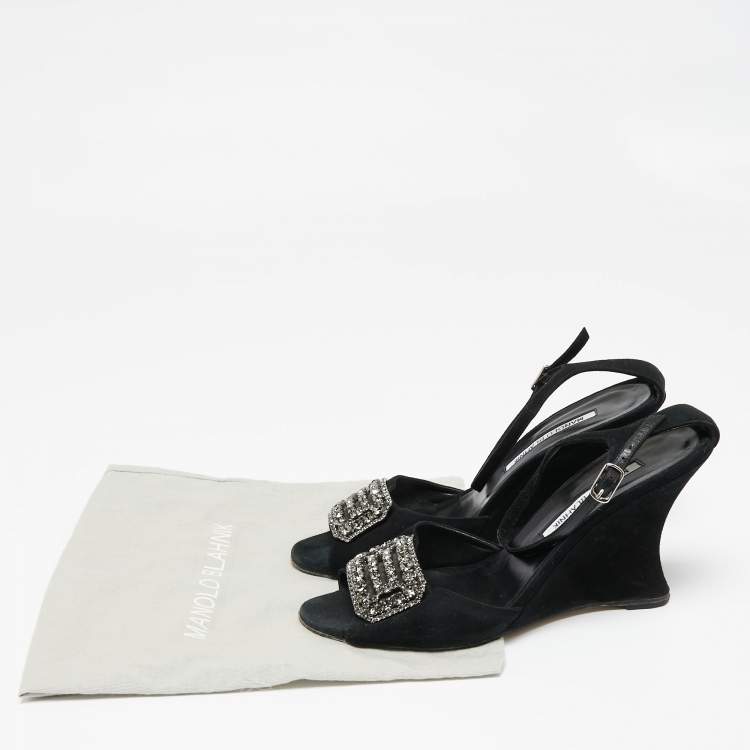 Pre Owned Manolo Blahnik Black Suede Crystal Embellished Trice Wedge Sandals Size 40