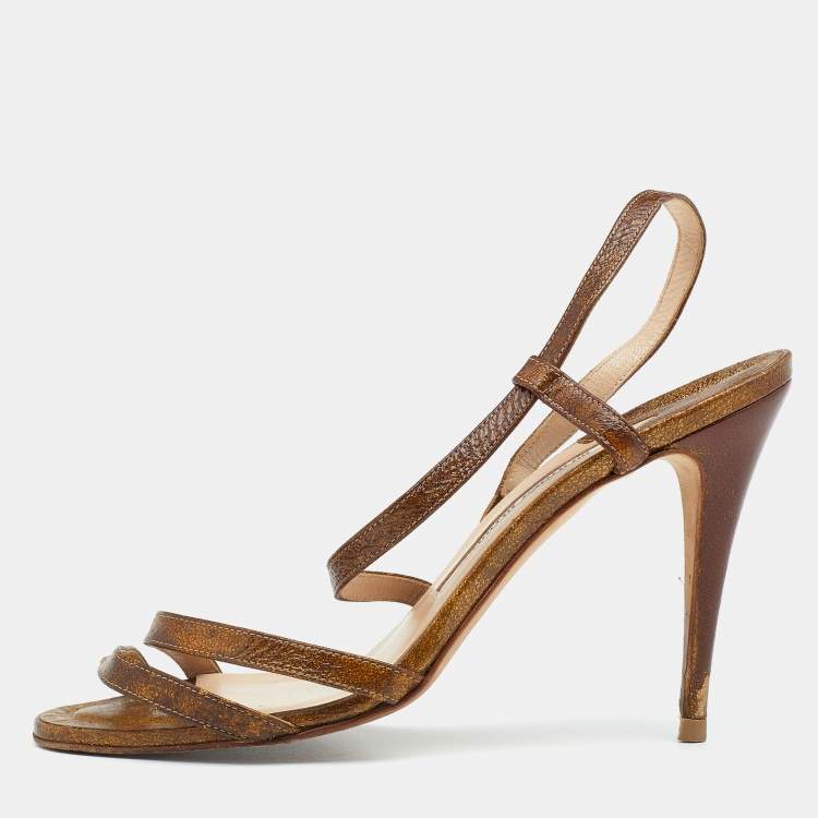 Pre Owned Manolo Blahnik Brown/Gold Leather Strappy Ankle Strap Sandals Size 38.5