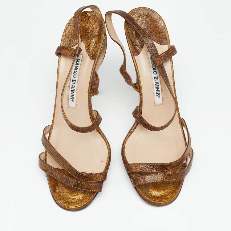 Pre Owned Manolo Blahnik Brown/Gold Leather Strappy Ankle Strap Sandals Size 38.5