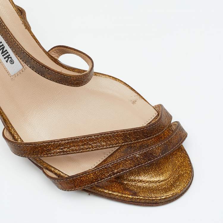 Pre Owned Manolo Blahnik Brown/Gold Leather Strappy Ankle Strap Sandals Size 38.5