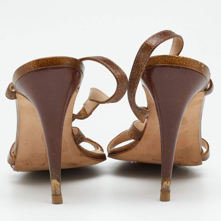Pre Owned Manolo Blahnik Brown/Gold Leather Strappy Ankle Strap Sandals Size 38.5