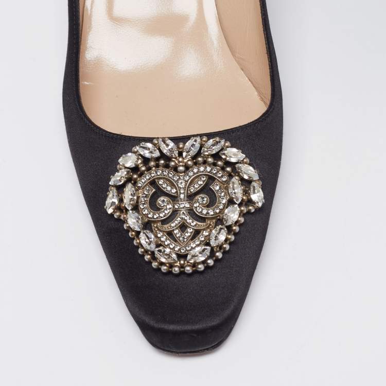 Pre Owned Manolo Blahnik Black Satin Okkato Crystal Embellished Block Heel Pumps Size 41