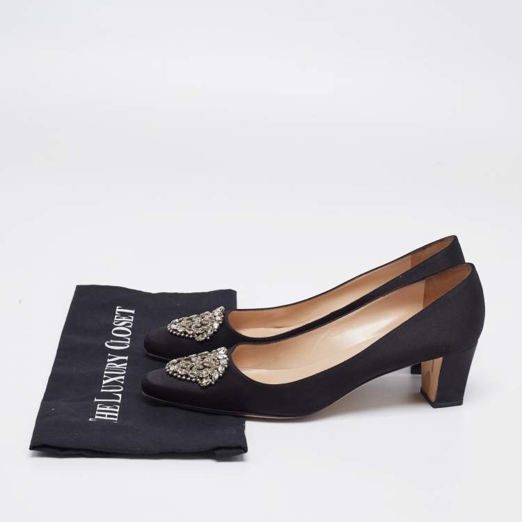 Pre Owned Manolo Blahnik Black Satin Okkato Crystal Embellished Block Heel Pumps Size 41