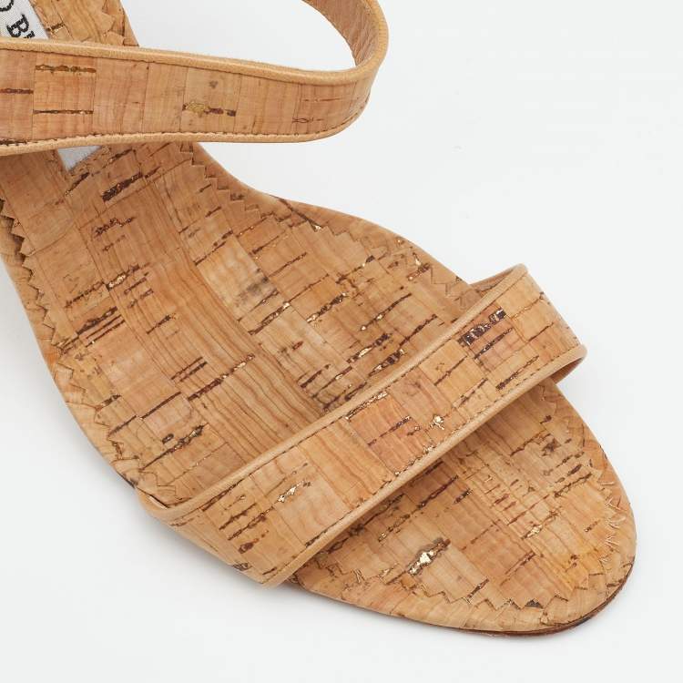 Pre Owned Manolo Blahnik Beige Leather Ankle Strap Sandals Size 39.5