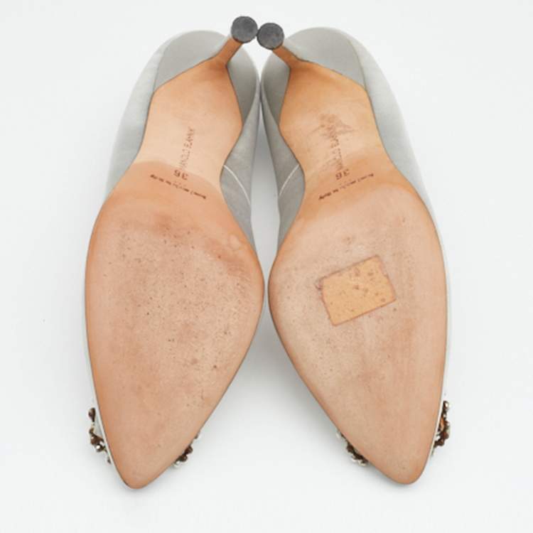 Pre Owned Manolo Blahnik Grey Satin Hangisi Pumps Size 36