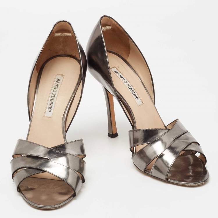 Pre Owned Manolo Blahnik Metallic Pewter Leather Cutout Open Toe Pumps Size 40