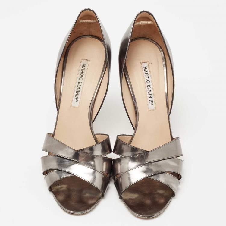 Pre Owned Manolo Blahnik Metallic Pewter Leather Cutout Open Toe Pumps Size 40