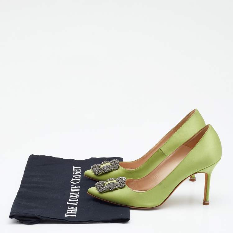 Pre Owned Manolo Blahnik Light Green Satin Crystal Embellished Hangisi Pumps Size 36.5