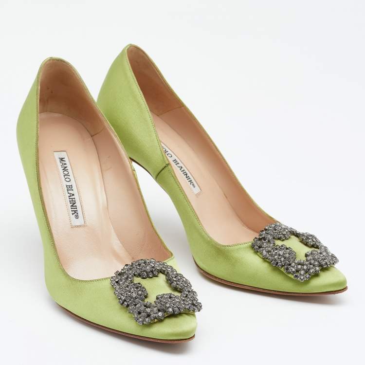 Pre Owned Manolo Blahnik Light Green Satin Crystal Embellished Hangisi Pumps Size 36.5