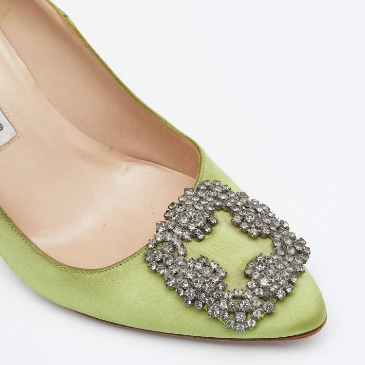 Pre Owned Manolo Blahnik Light Green Satin Crystal Embellished Hangisi Pumps Size 36.5