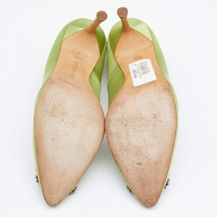 Pre Owned Manolo Blahnik Light Green Satin Crystal Embellished Hangisi Pumps Size 36.5