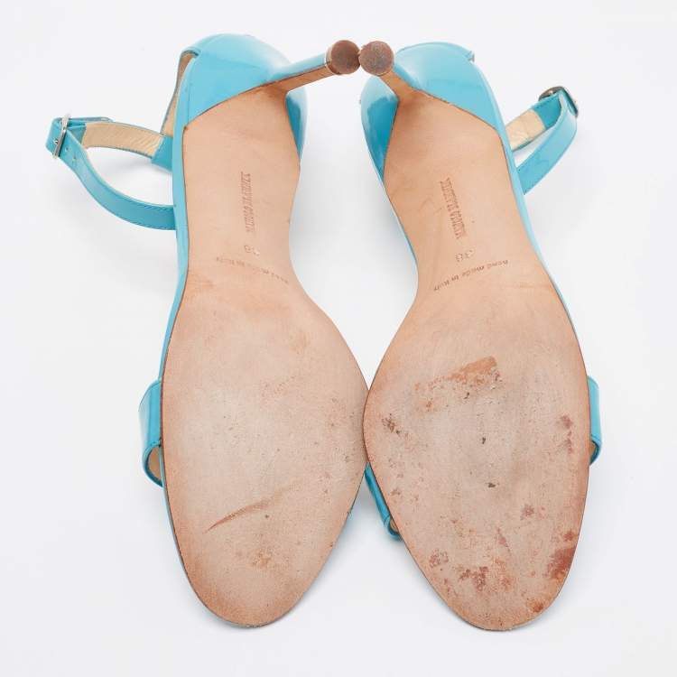Pre Owned Manolo Blahnik Blue Patent Leather Ankle Strap Sandals Size 38