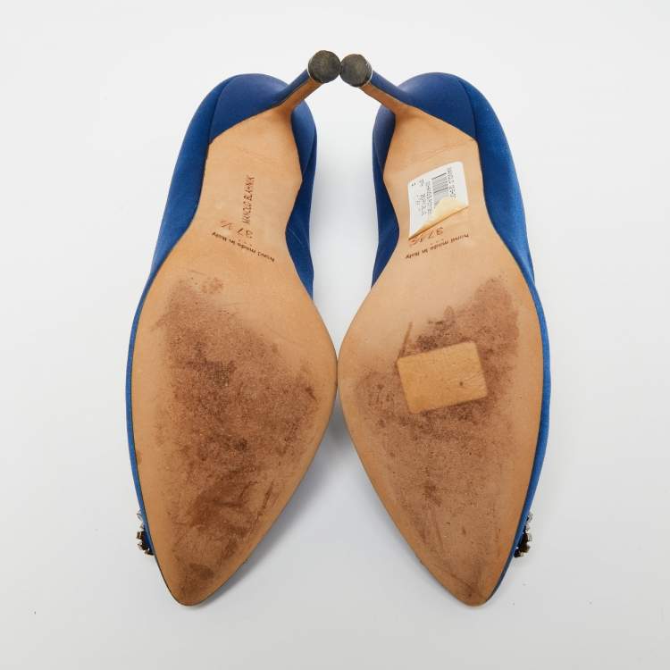Pre Owned Manolo Blahnik Blue Satin Hangisi Pumps Size 37.5