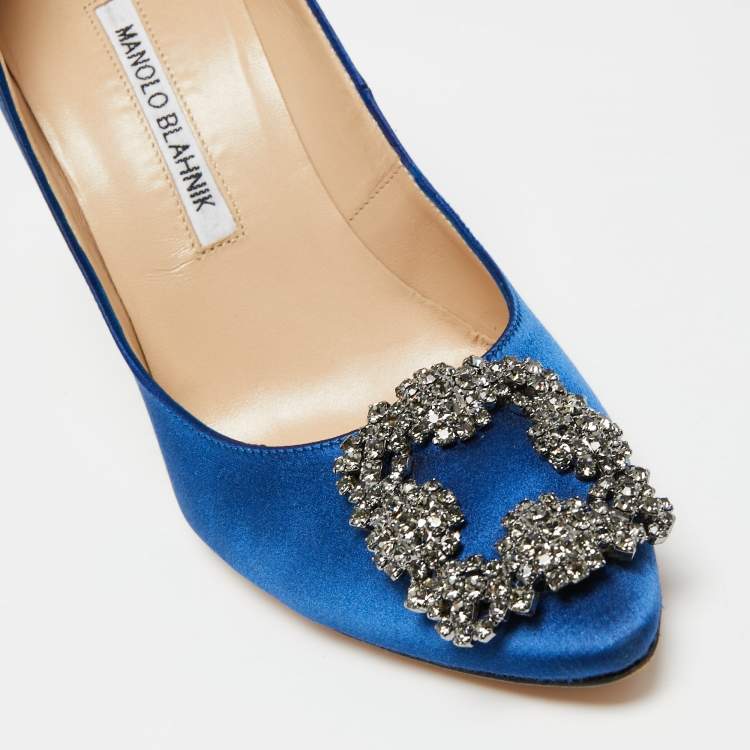 Pre Owned Manolo Blahnik Blue Satin Hangisi Pumps Size 37.5