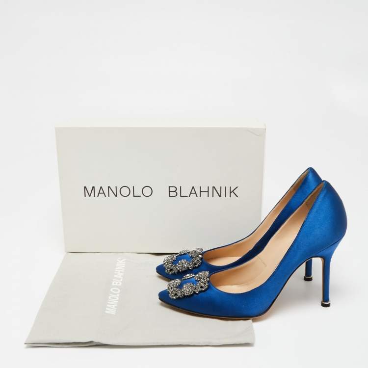 Pre Owned Manolo Blahnik Blue Satin Hangisi Pumps Size 37.5