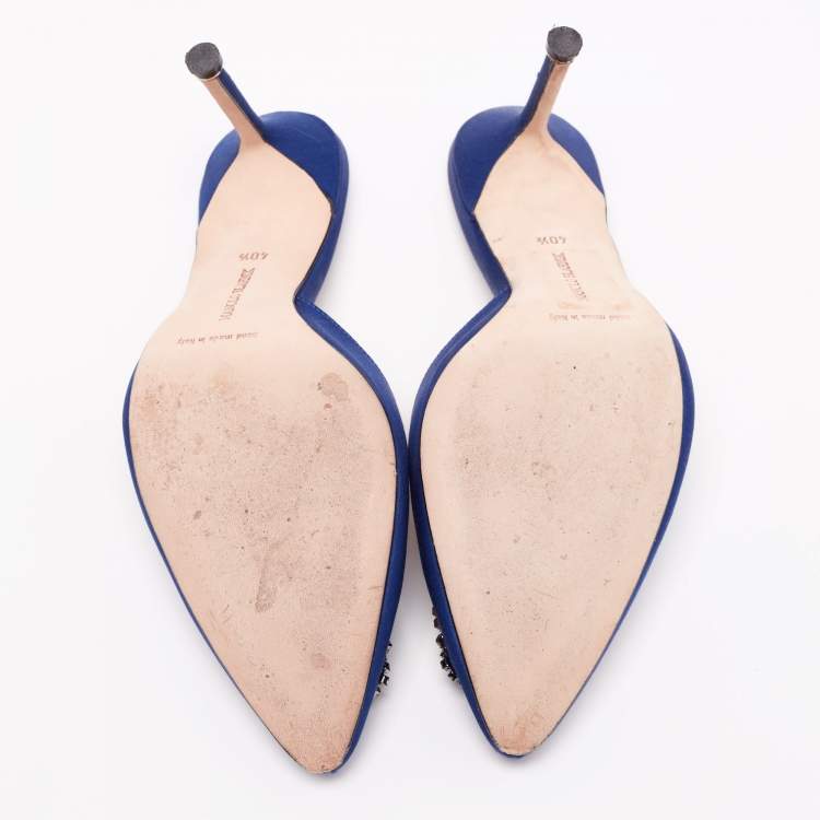 Pre Owned Manolo Blahnik Blue Satin and Crystal Buckle Hangisi Mules Size 40.5