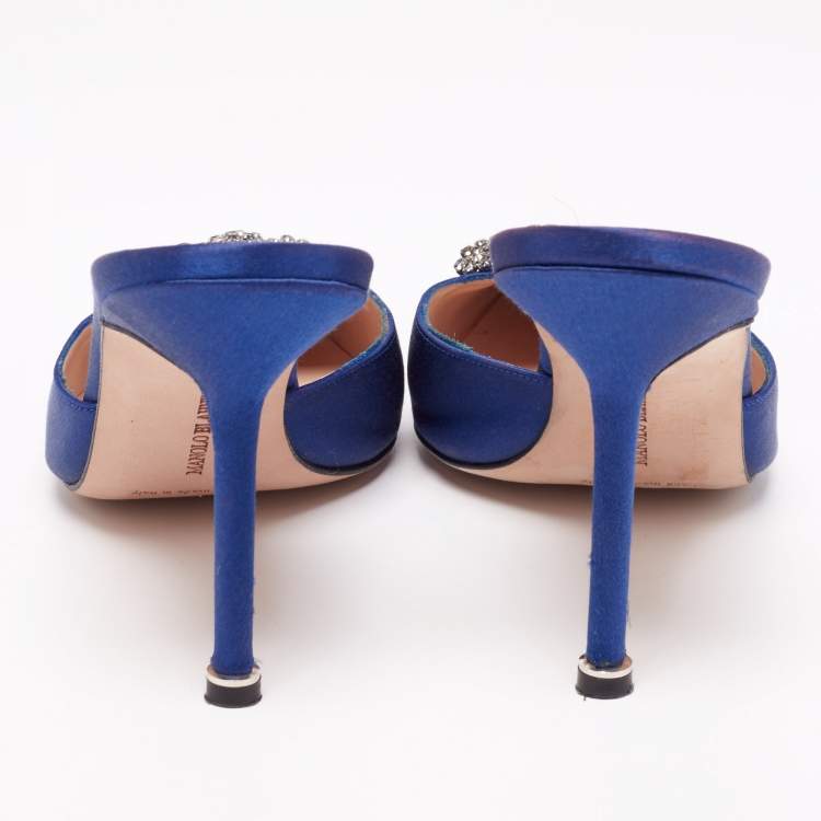 Pre Owned Manolo Blahnik Blue Satin and Crystal Buckle Hangisi Mules Size 40.5