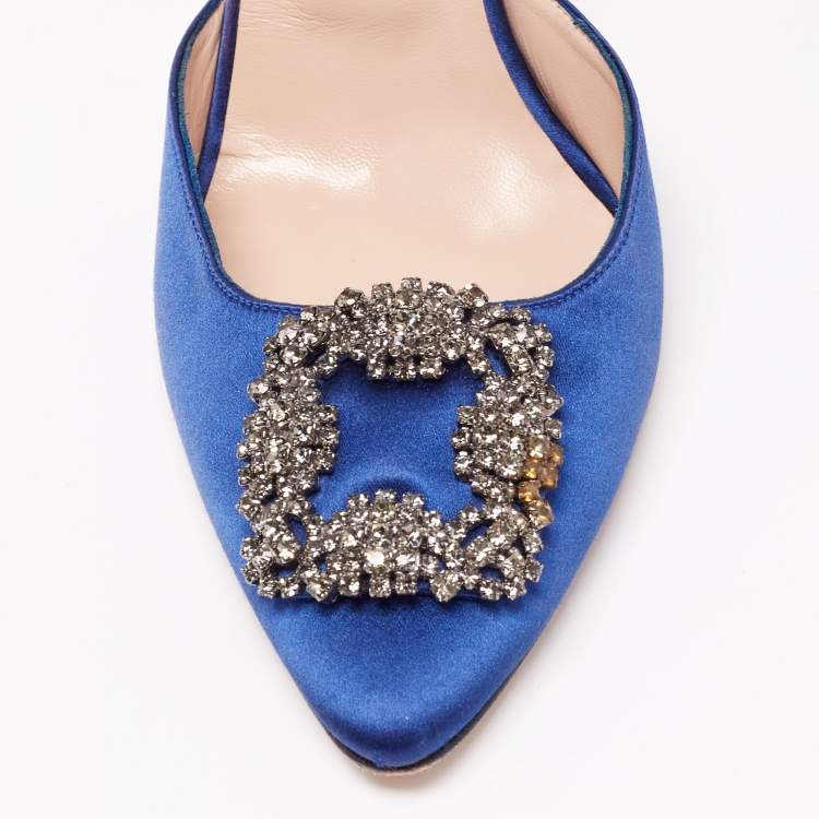 Pre Owned Manolo Blahnik Blue Satin and Crystal Buckle Hangisi Mules Size 40.5