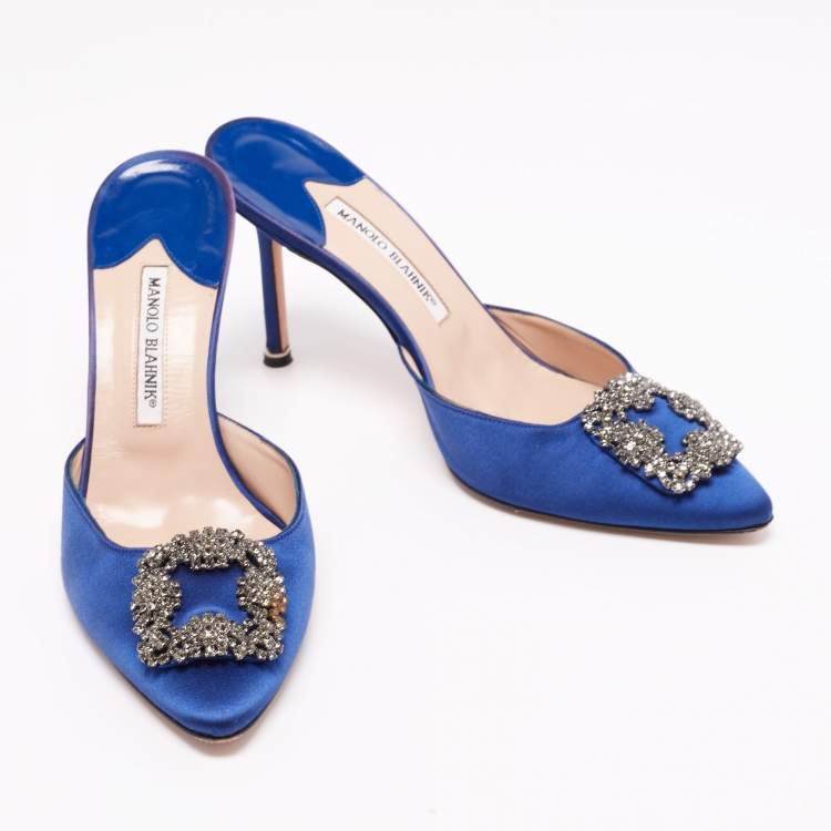 Pre Owned Manolo Blahnik Blue Satin and Crystal Buckle Hangisi Mules Size 40.5