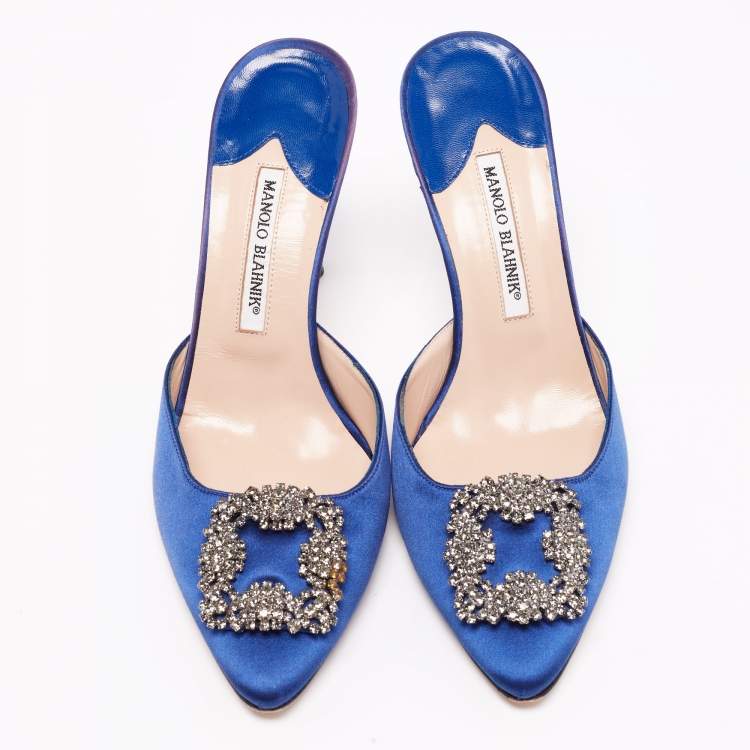 Pre Owned Manolo Blahnik Blue Satin and Crystal Buckle Hangisi Mules Size 40.5
