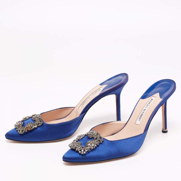 Pre Owned Manolo Blahnik Blue Satin and Crystal Buckle Hangisi Mules Size 40.5