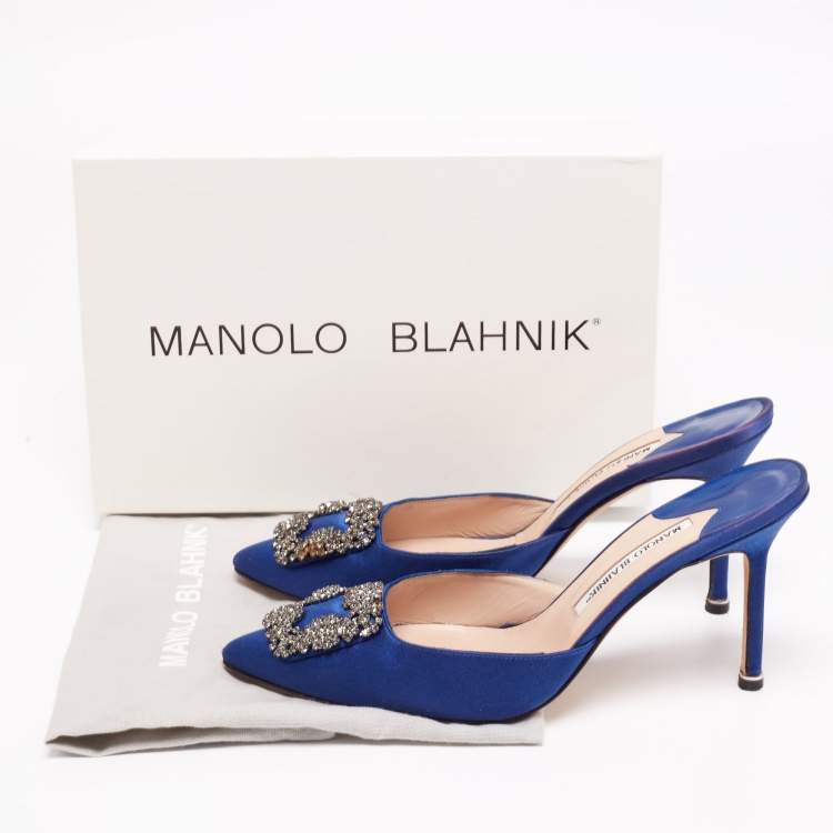 Pre Owned Manolo Blahnik Blue Satin and Crystal Buckle Hangisi Mules Size 40.5