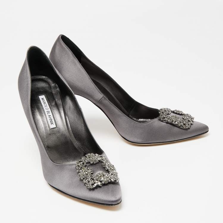 Pre Owned Manolo Blahnik Grey Satin Hangisi Pumps Size 40.5