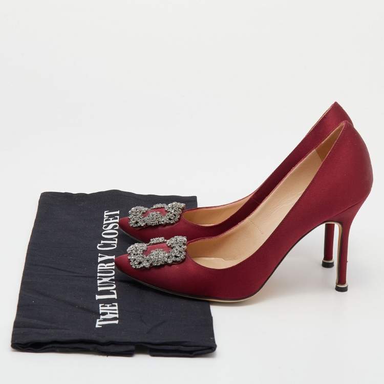 Pre Owned Manolo Blahnik Burgundy Satin Hangisi Pumps Size 37