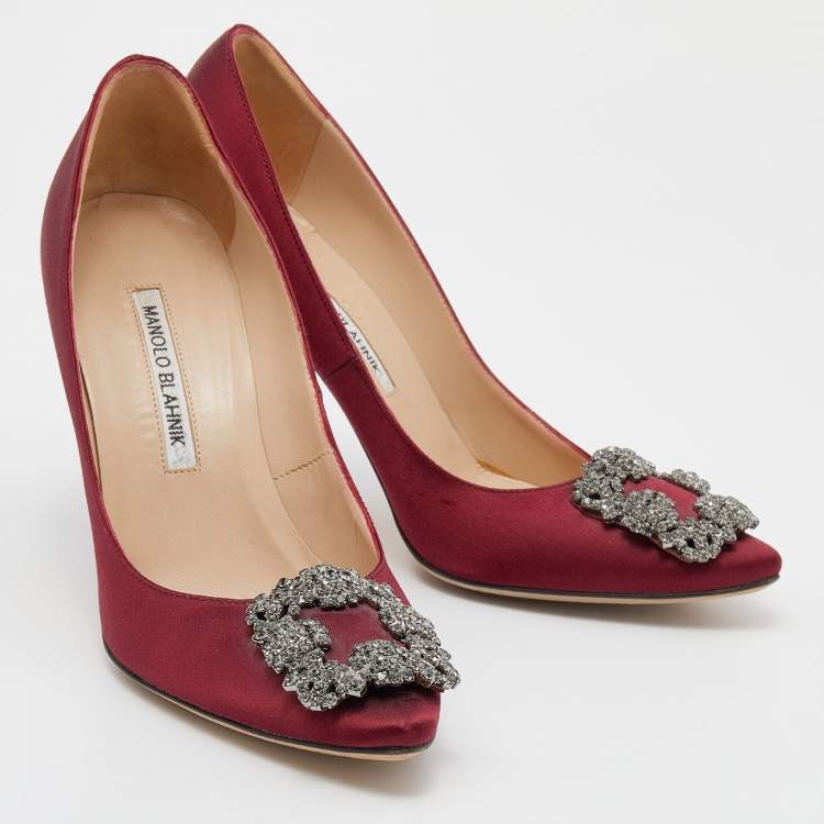 Pre Owned Manolo Blahnik Burgundy Satin Hangisi Pumps Size 37