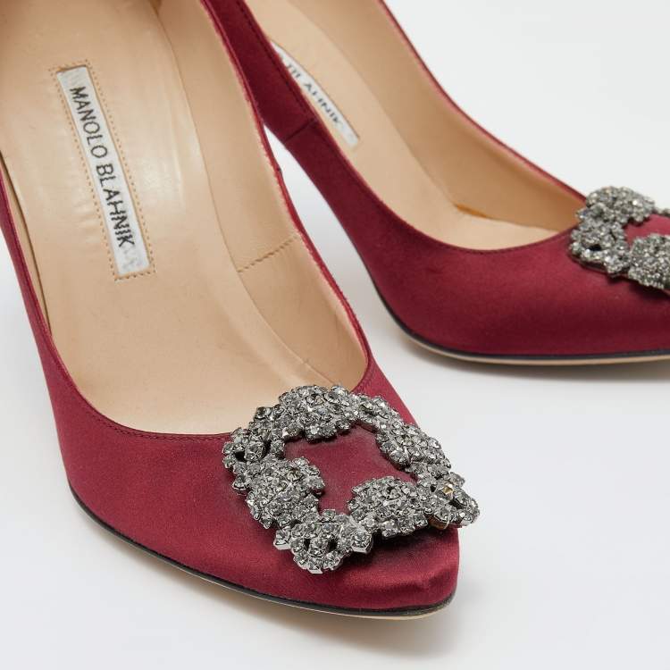 Pre Owned Manolo Blahnik Burgundy Satin Hangisi Pumps Size 37