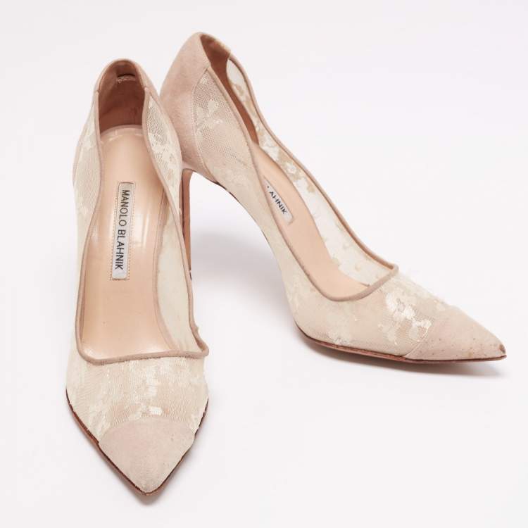 Pre Owned Manolo Blahnik Beige Suede and Lace Pointed-Toe Pumps Size 40