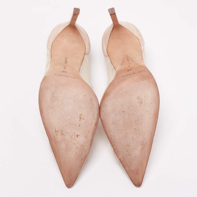 Pre Owned Manolo Blahnik Beige Suede and Lace Pointed-Toe Pumps Size 40