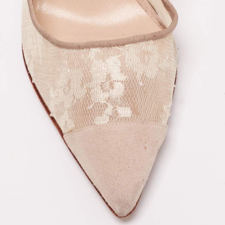 Pre Owned Manolo Blahnik Beige Suede and Lace Pointed-Toe Pumps Size 40