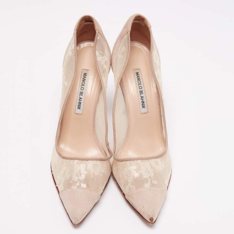 Pre Owned Manolo Blahnik Beige Suede and Lace Pointed-Toe Pumps Size 40