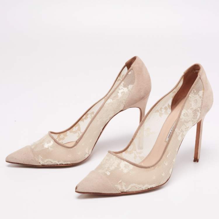 Pre Owned Manolo Blahnik Beige Suede and Lace Pointed-Toe Pumps Size 40