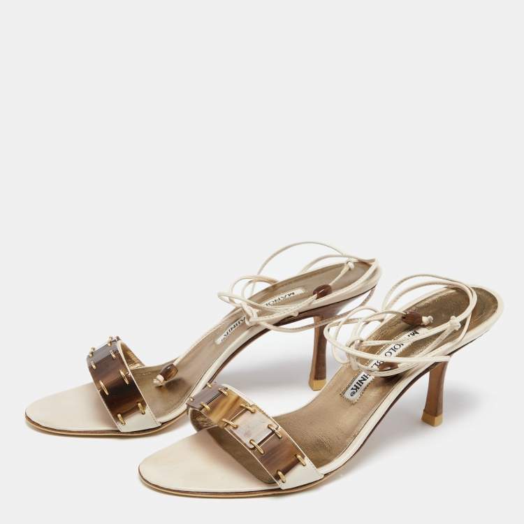 Pre Owned Manolo Blahnik Off-White Leather Strappy Ankle Wrap Sandals Size 36.5
