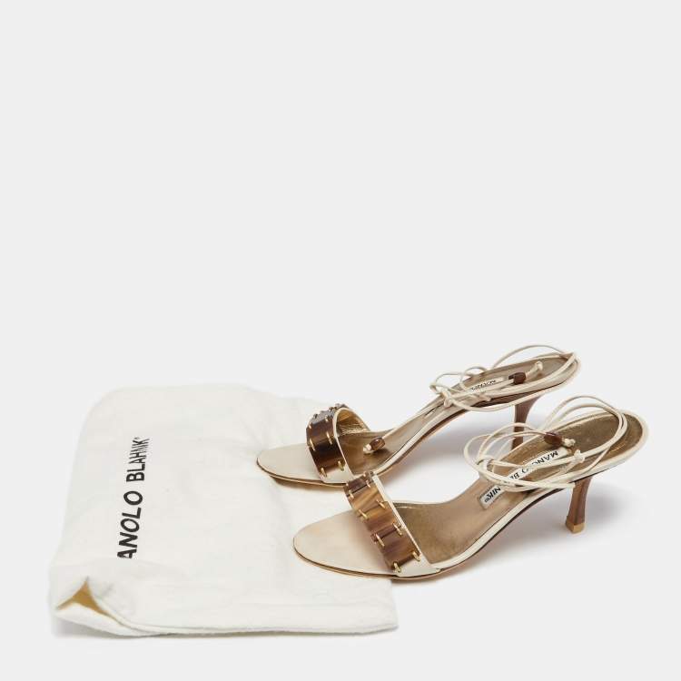 Pre Owned Manolo Blahnik Off-White Leather Strappy Ankle Wrap Sandals Size 36.5