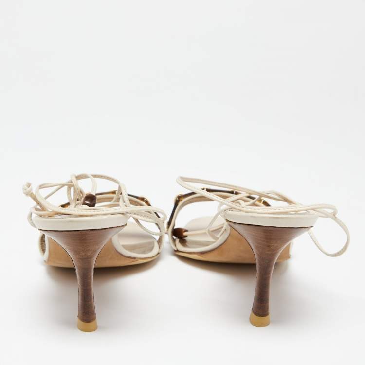 Pre Owned Manolo Blahnik Off-White Leather Strappy Ankle Wrap Sandals Size 36.5