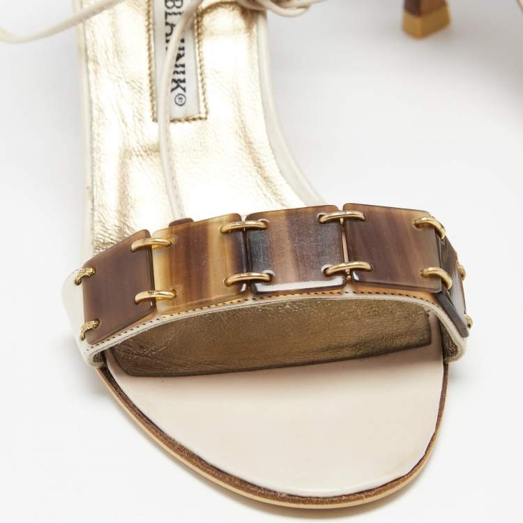 Pre Owned Manolo Blahnik Off-White Leather Strappy Ankle Wrap Sandals Size 36.5