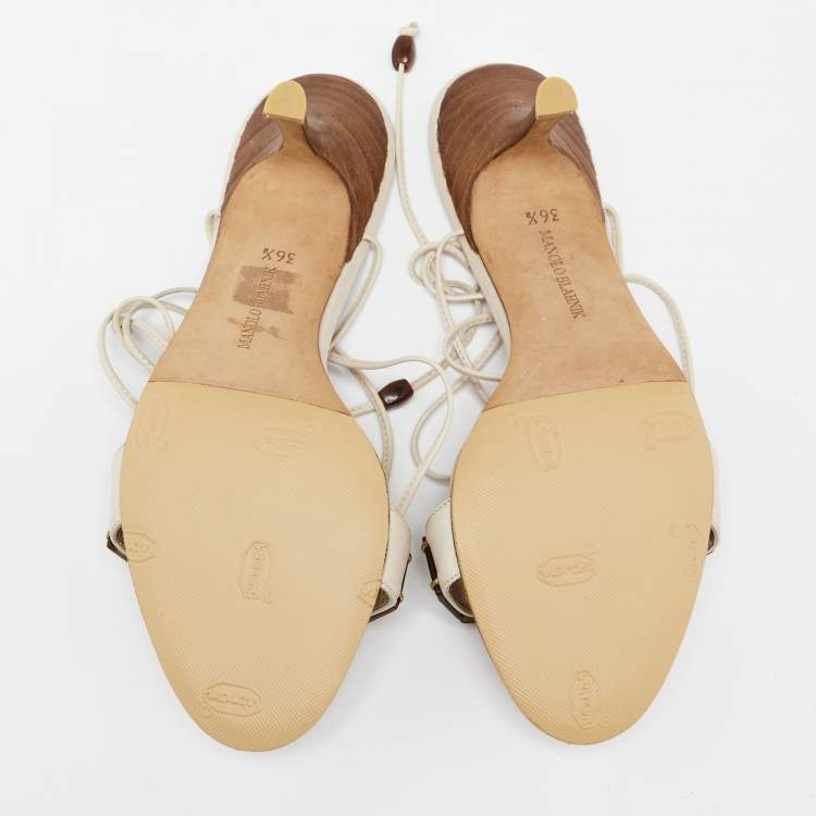 Pre Owned Manolo Blahnik Off-White Leather Strappy Ankle Wrap Sandals Size 36.5