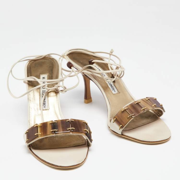 Pre Owned Manolo Blahnik Off-White Leather Strappy Ankle Wrap Sandals Size 36.5