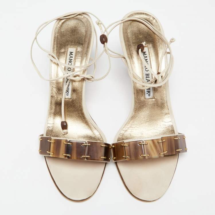 Pre Owned Manolo Blahnik Off-White Leather Strappy Ankle Wrap Sandals Size 36.5