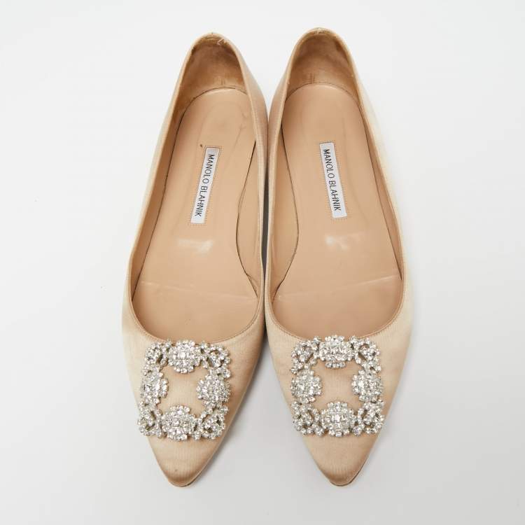 Pre Owned Manolo Blahnik Beige Satin Hangisi Ballet Flats Size 41 