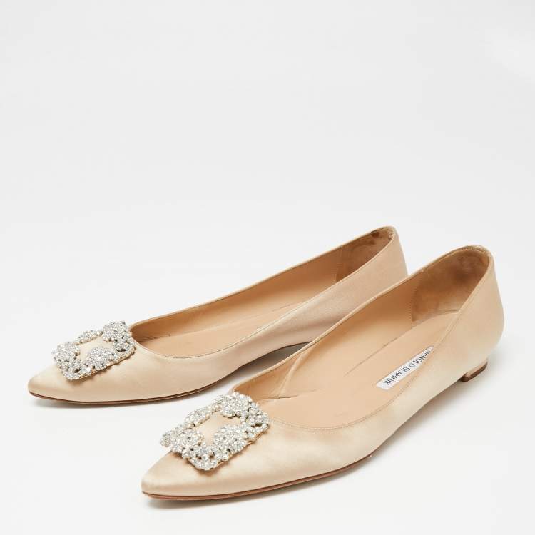 Pre Owned Manolo Blahnik Beige Satin Hangisi Ballet Flats Size 41 
