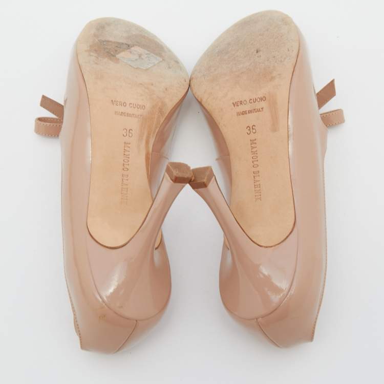 Pre Owned Manolo Blahnik Beige Patent Leather Bow Peep Toe Pumps Size 36