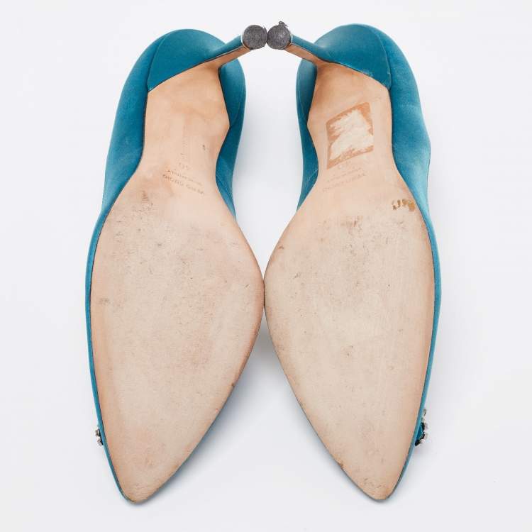Pre Owned Manolo Blahnik Teal Satin Hangisi Pumps Size 40