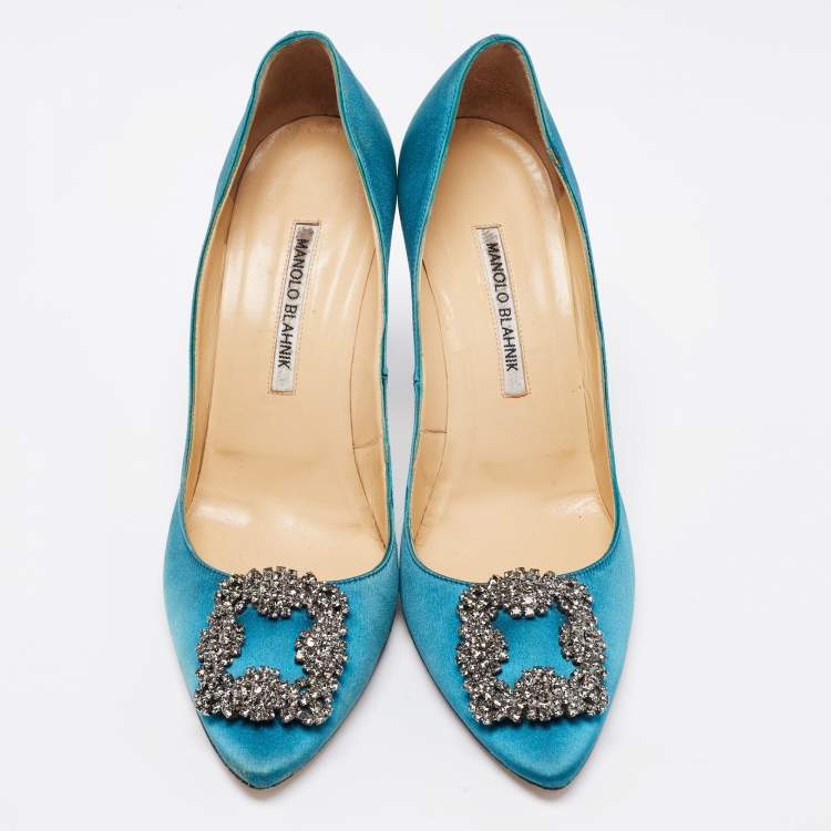 Pre Owned Manolo Blahnik Teal Satin Hangisi Pumps Size 40