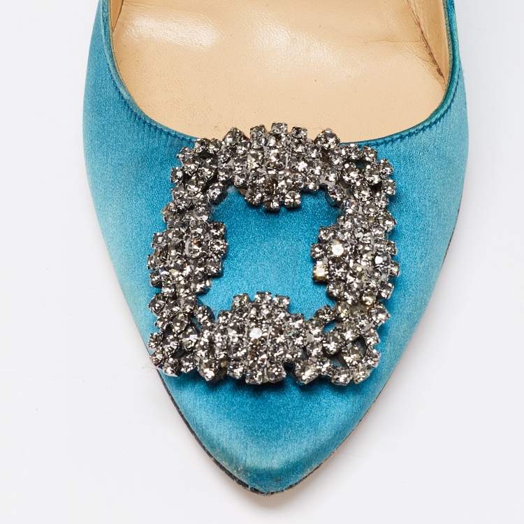 Pre Owned Manolo Blahnik Teal Satin Hangisi Pumps Size 40