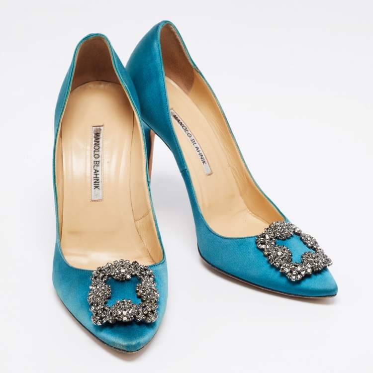 Pre Owned Manolo Blahnik Teal Satin Hangisi Pumps Size 40