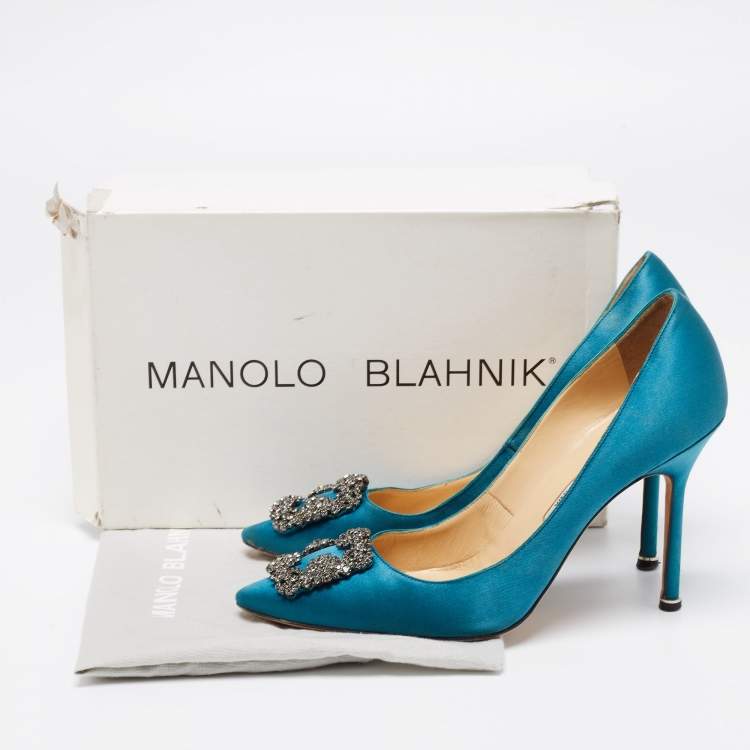 Pre Owned Manolo Blahnik Teal Satin Hangisi Pumps Size 40